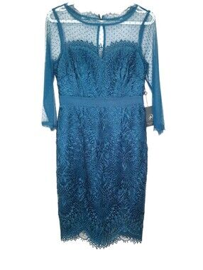 Adrianna Papell Venice Floral Lace Sheath Dress Peacock Teal Womens Size 6 New